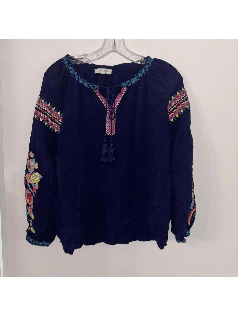 Solitaire Blue V Neck Boho Floral Embroidered Long Sleeve Blouse Tunic